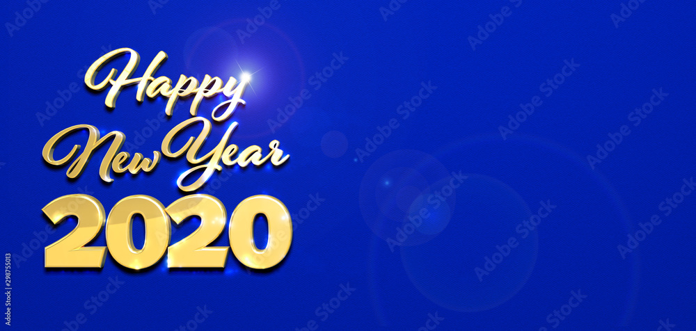 biglietto con scritte 3d oro happy new year 2020 su fondo blu con spazio per scrivere