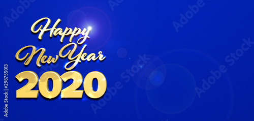 biglietto con scritte 3d oro happy new year 2020 su fondo blu con spazio per scrivere © roberto