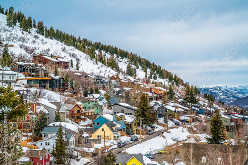 Colorful cabins on a mountain with snow during winter season in Park City Utah