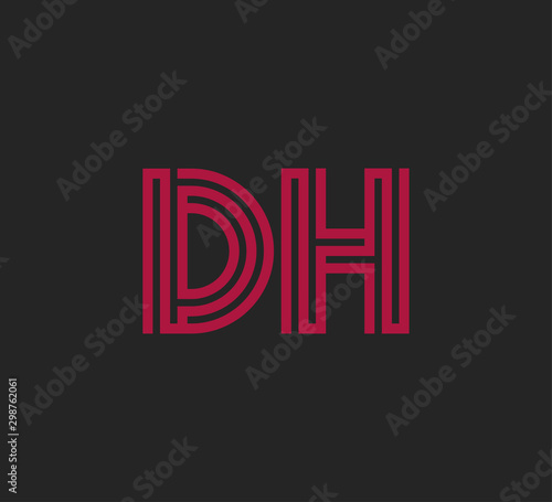 Initial two letter red line shape logo on black vector DH