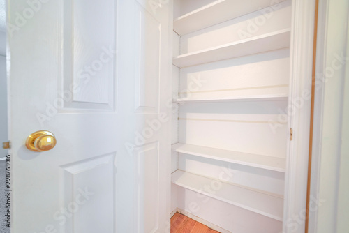 Open door showing interior empty white shelves