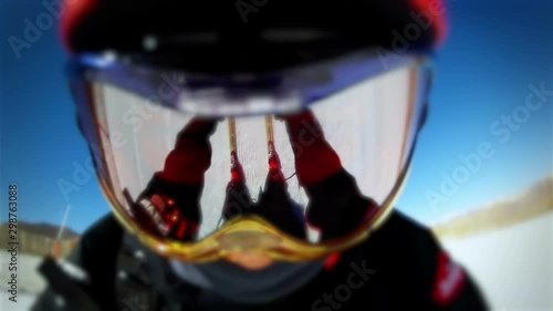 Great view of the ski trial from the skier head. Slow motion. HD