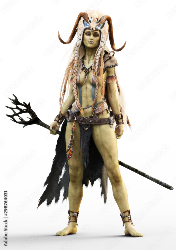 Portrait Of A Fantasy Female Orc Shaman With Staff And Native Outfit Including A Cloak And