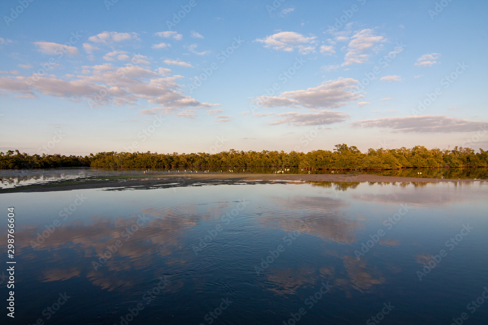 Sunset over pond in Ding Darling National Wildlife Refuge on Sanibel Island, Florida in winter.