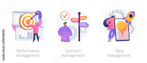 Workflow optimization, business direction choosing, startup launch icons set. Performance management, decision management, idea management metaphors. Vector isolated concept metaphor illustrations photo