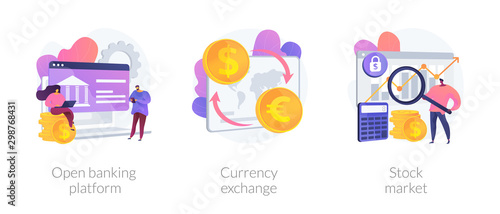 Finances management service, online money transaction, stocks trading icons set. Open banking platform, currency exchange, stock market metaphors. Vector isolated concept metaphor illustrations