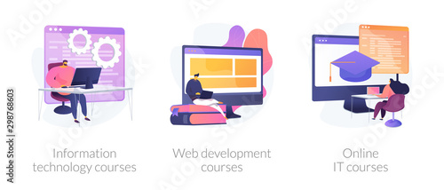 Computer science, internet education, remote studying icons set. Information technology courses, web development courses, online it courses metaphors. Vector isolated concept metaphor illustrations