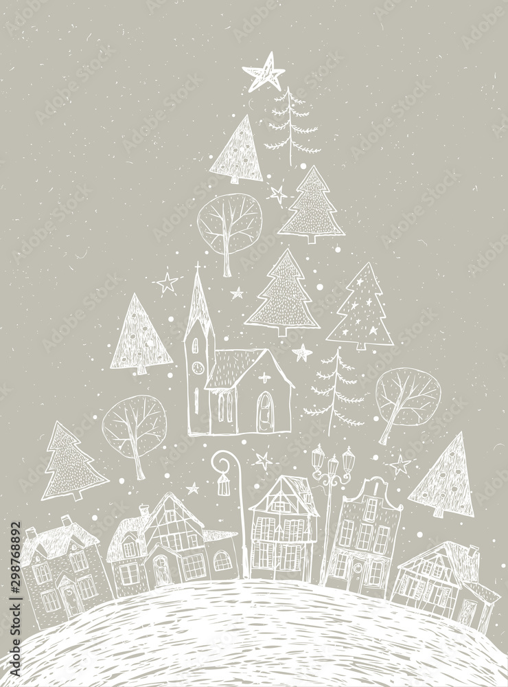 Vector illustration with shape of Christmas tree and houses on beige snowy craft background. Postcard / greeting card - holiday and Christmas card. Winter design. Merry Christmas!