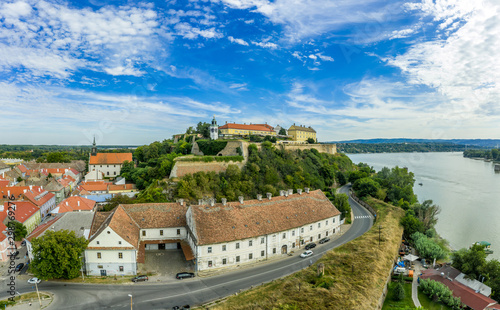 Aerial panorama view of Petrovaradin fortress trdava above the Danube River across from Novi Sad Serbia with beautiful blue sky photo