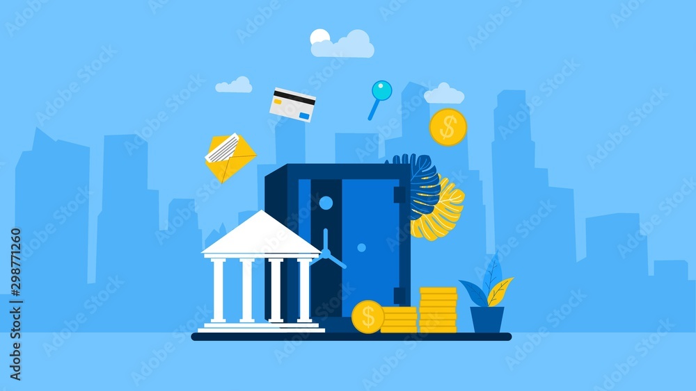 Big bankers are involved in work, saving or raising money.Vector Illustration, Suitable For web landing page,Wallpaper, Background, Card, banner,Book Illustration