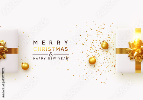 Christmas background. Realistic white gift boxes, with shiny golden confetti, Xmas balls, decorative baubles. Flat lay, top view. Festive New Year poster, greeting cards, banner. vector illustration.