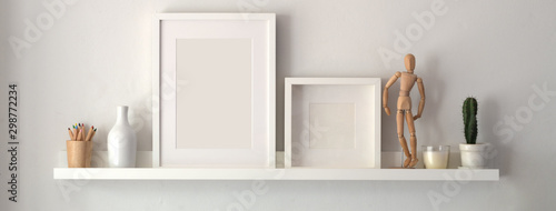 Fényképezés Mock up frame and decorations on shelf with white wall