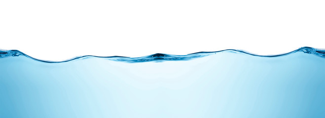 Blue water splashs wave surface with bubbles of air on white background.
