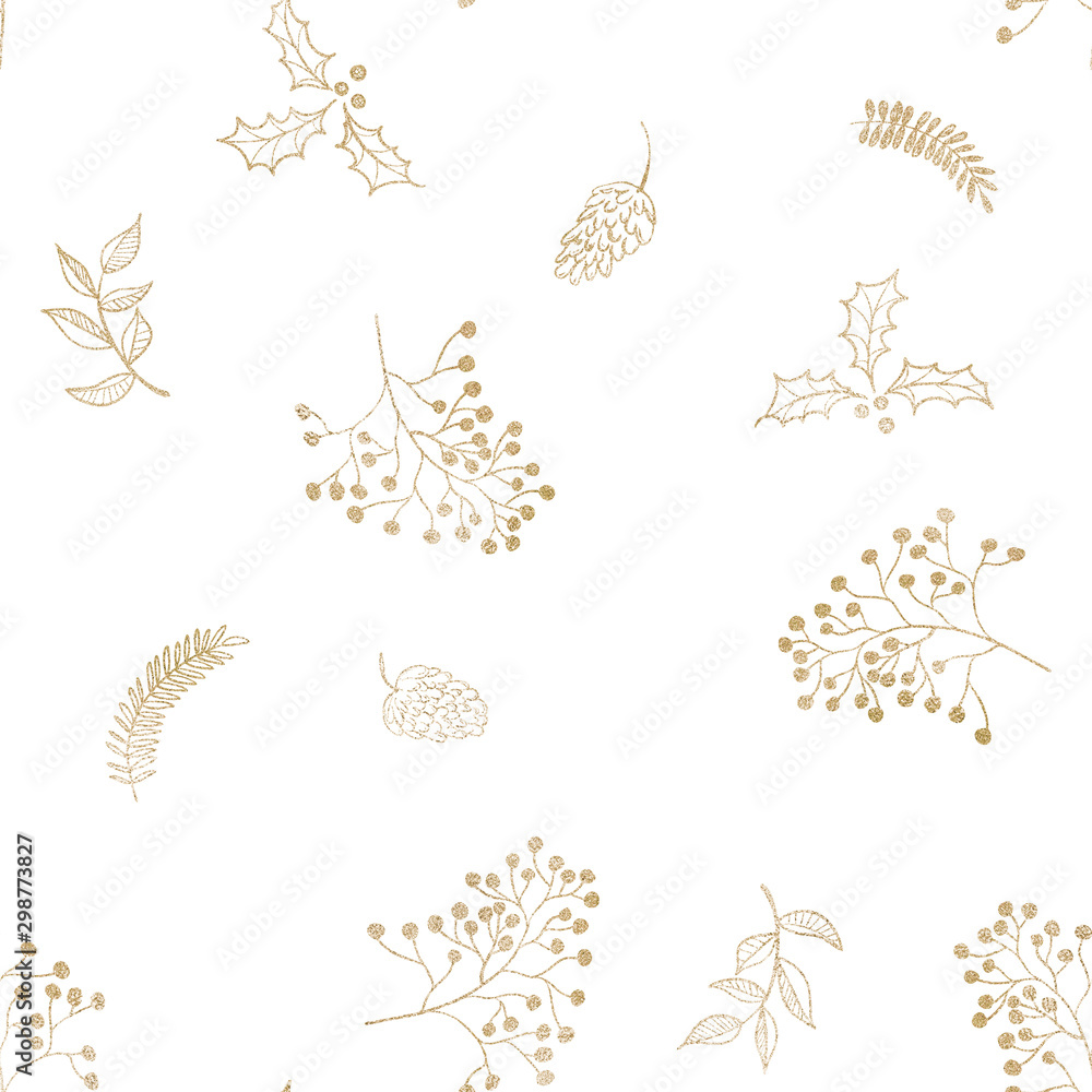 Seamless floral Christmas pattern with gold tree branches, fir cones, berries, leaves on white background. Graphic illustration.  - obrazy, fototapety, plakaty 