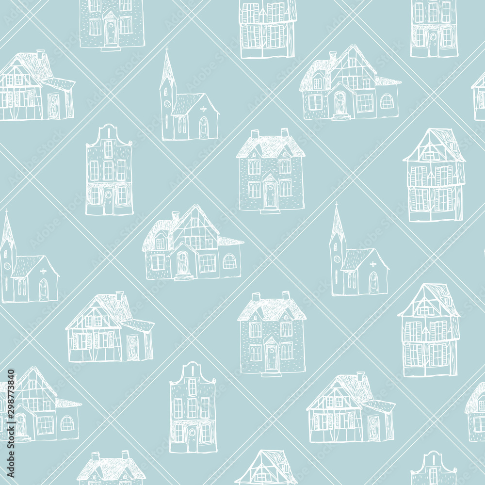 Seamless square lined Christmas pattern with white cottage, house, church on blue background. Graphic illustration. Buildings collection. 