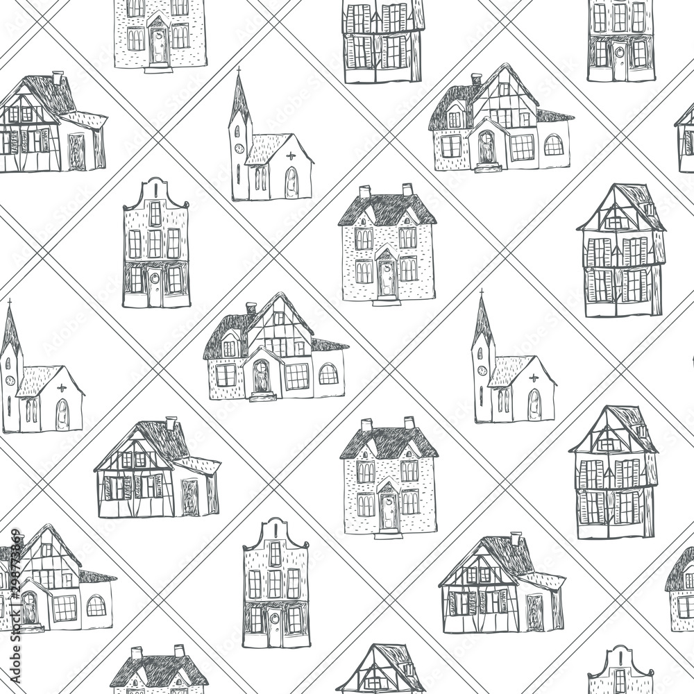Seamless square lined Christmas pattern with black cottage, house, church on white background