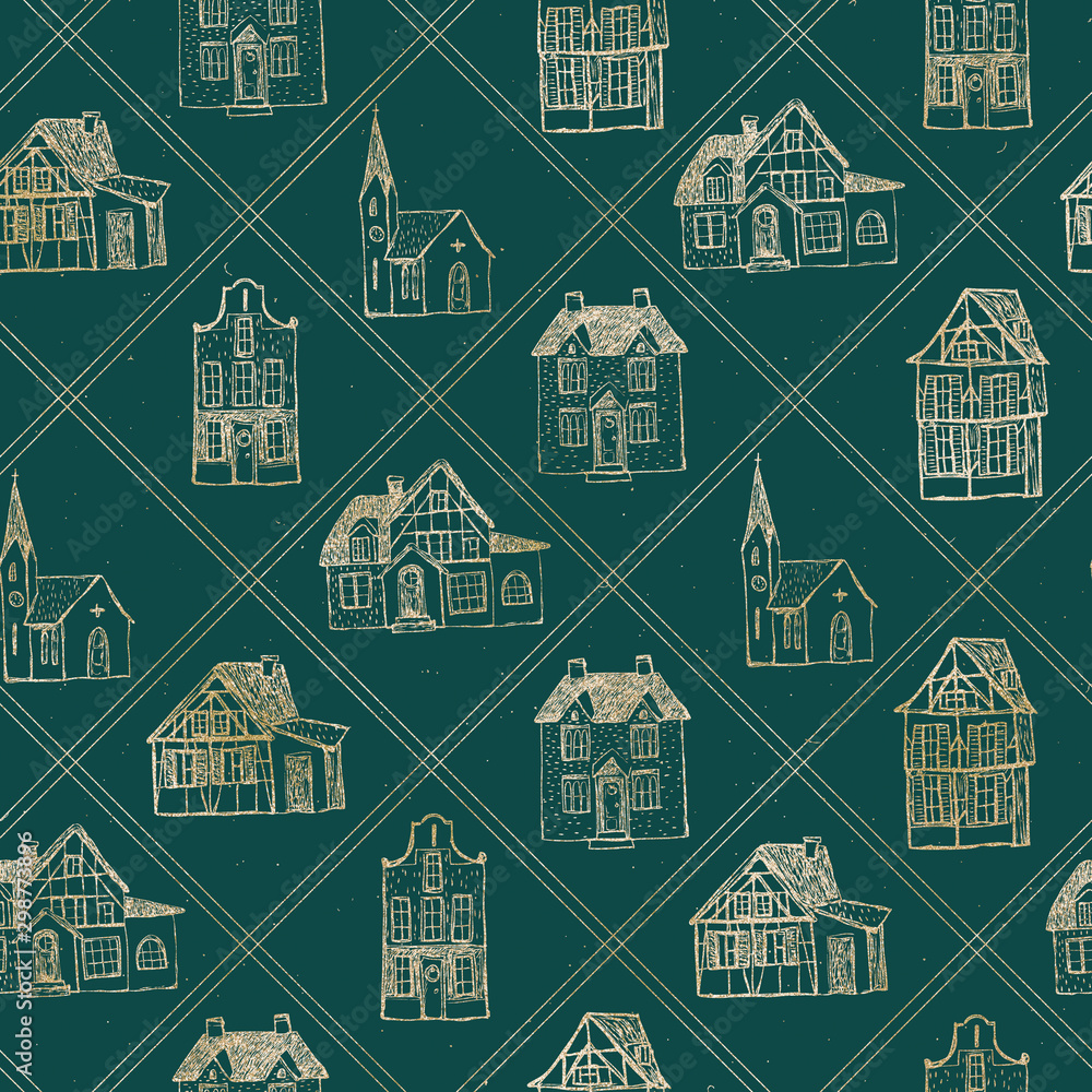 Seamless square lined Christmas pattern with gold cottage, house, church on green background. Graphic illustration. Buildings collection. 