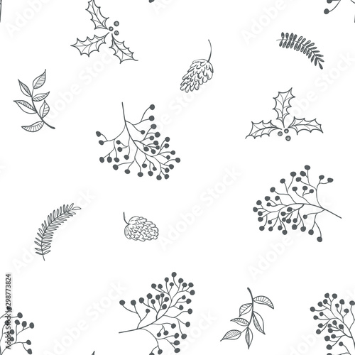 Seamless floral Christmas pattern with black tree branches  fir cones  berries  leaves on white background. Graphic illustration. 