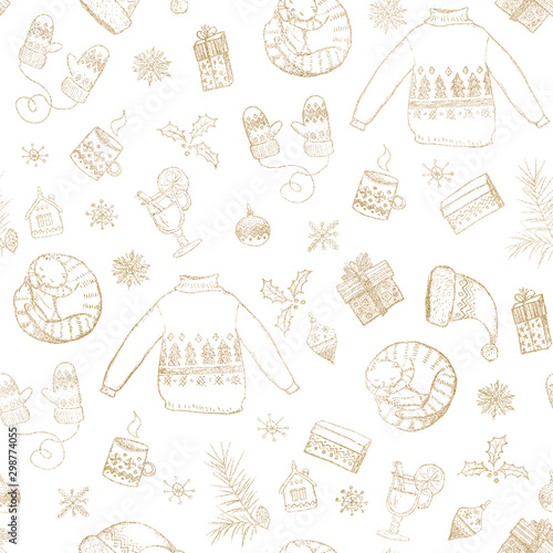 Seamless Christmas pattern with gold sweaters, cat, gifts, mulled wine, mug, gloves, hat, Christmas tree toys, snowflakes on white background. Graphic illustration. Christmas props.