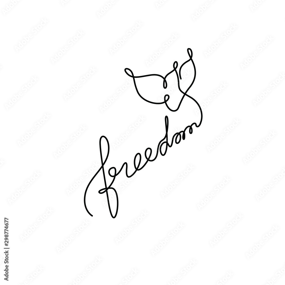 Freedom inscription, continuous line drawing, hand lettering small tattoo, inspirational text, print for clothes, t-shirt, emblem or logo design, one single line on a white background, isolated vector Stock Vector