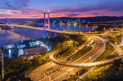 Tsing Ma Bridge in Hong Kong city at dusk