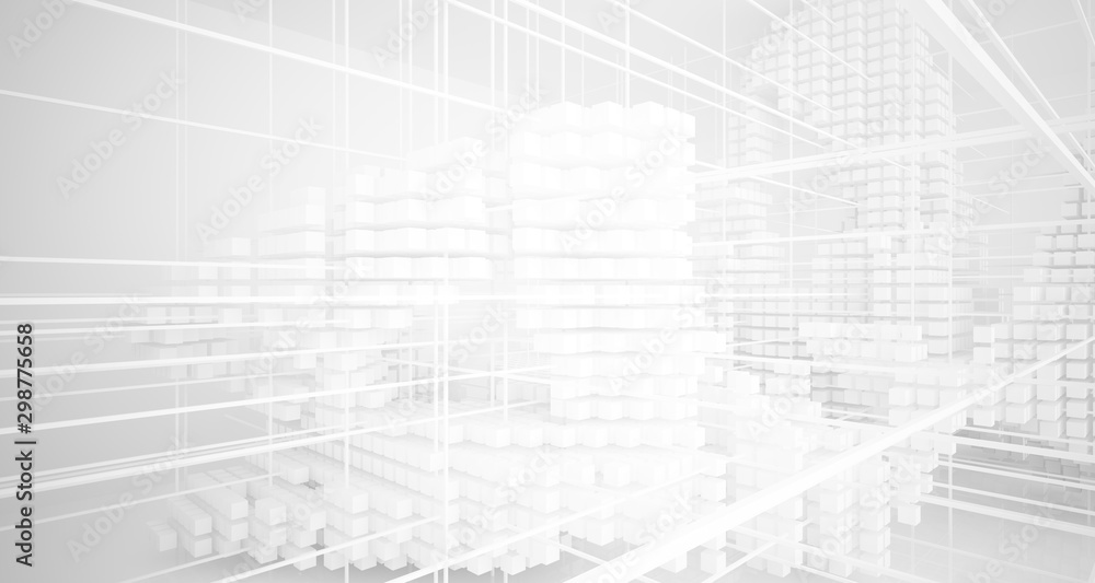 Abstract white architectural interior from an array of white cubes with large windows. 3D illustration and rendering. Abstract white architectural interior from an array of white cubes with large windows. 3D illustration and rendering.