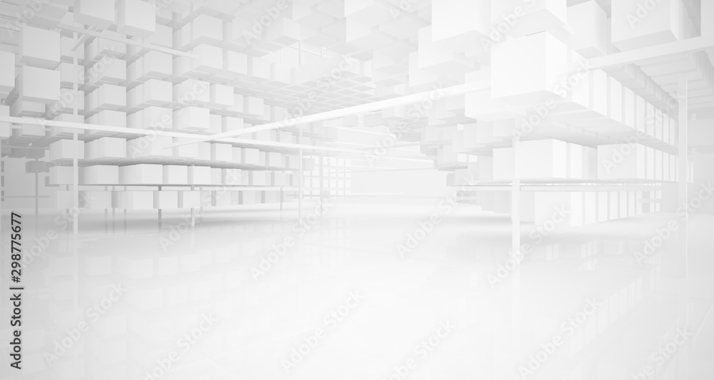 Abstract white architectural interior from an array of white cubes with large windows. 3D illustration and rendering. Abstract white architectural interior from an array of white cubes with large windows. 3D illustration and rendering.