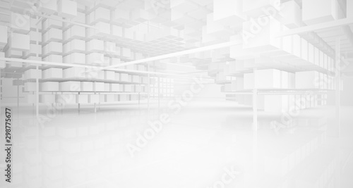 Abstract white architectural interior from an array of white cubes with large windows. 3D illustration and rendering.