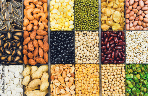Collage various beans mix peas agriculture of natural healthy food for cooking ingredients - Set of different whole grains beans and legumes seeds lentils and nuts colorful snack texture background