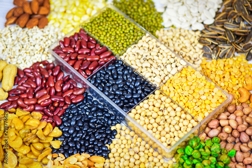 Collage various beans mix peas agriculture of natural healthy food for cooking ingredients - Set of different whole grains beans and legumes seeds lentils and nuts colorful snack texture background
