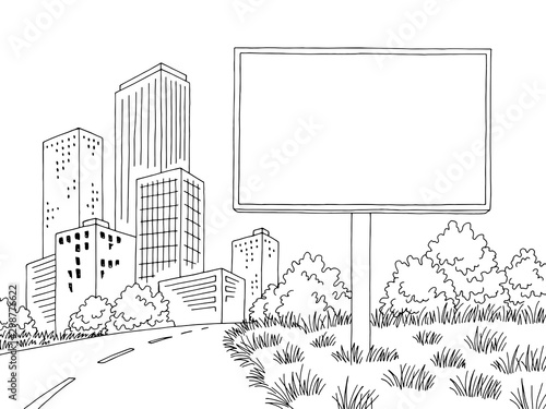 Road billboard graphic black white city street landscape sketch illustration vector