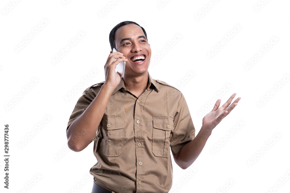 young government worker talking with mobile phone isolated over white background young government worker talking with mobile phone isolated over white background