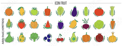 Icon fruit and vegetable set. Hand drawn naive style.