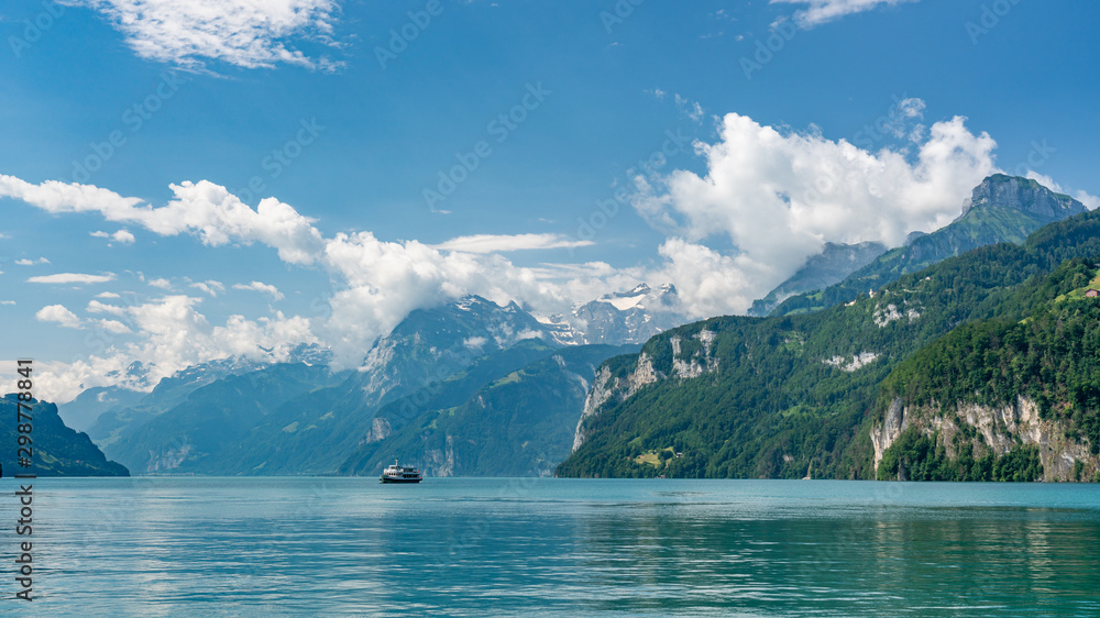 Switzerland, Panoramic view on green Alps from boat