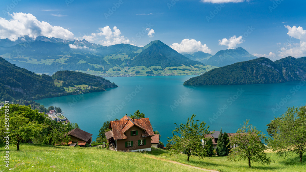 Switzerland, Panoramic view on green Alps and lake Lucerne near Vitznau.