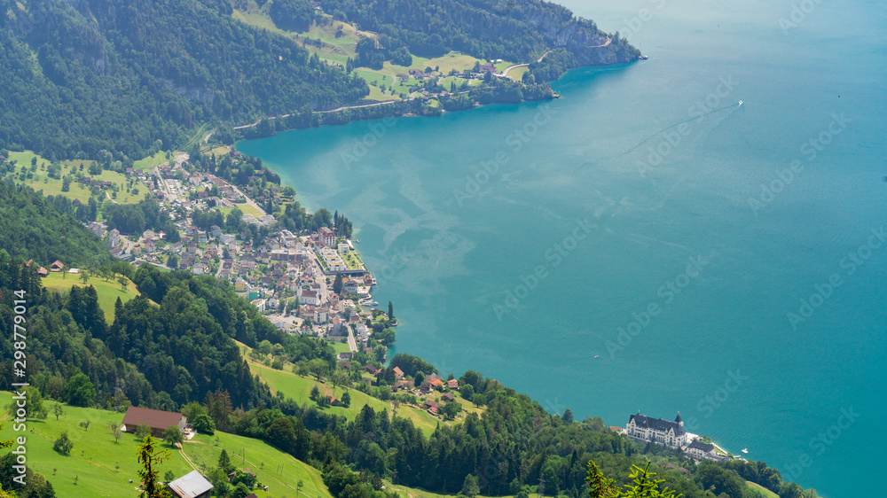 Switzerland, Panoramic view on Vitznau village and lake Lucerne