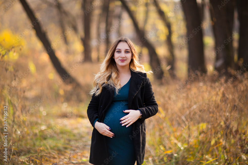 Young pregnant woman relaxing outside in the autumn park. leaf fall. hygge concept Young pregnant woman relaxing outside in the autumn park. leaf fall. hygge concept