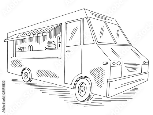 Food truck graphic black white isolated sketch illustration vector