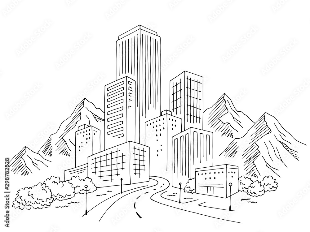 City mountains graphic black white cityscape skyline sketch illustration vector
