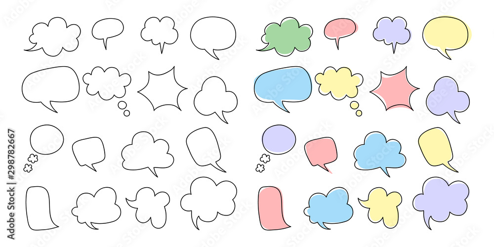 Speech bubble shaped banners,Hand drawn Doodle style thinking balloons, price tags, stickers, posters, badges, isolated on white background.