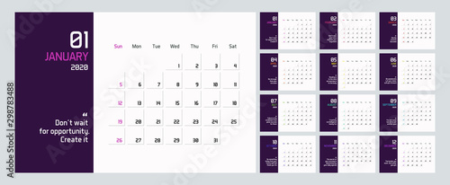 Modern minimal Calendar Planner Template for 2020. Vector design editable template with motivational quotes