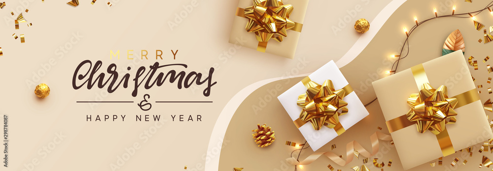 Christmas banner. Background Xmas design of sparkling lights garland, with realistic gifts box, glitter gold confetti. Horizontal New Year poster, greeting card, header, website. Design Flat top view - obrazy, fototapety, plakaty 