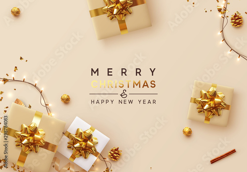 Christmas Background. Xmas design of sparkling lights garland, with realistic gifts box, glitter gold confetti. Happy New Year poster, greeting card, banner. Design Flat top view. Holiday composition