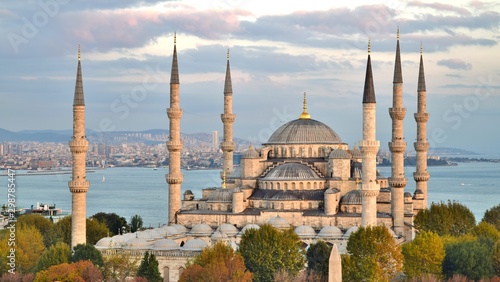 Canvas Print Aerial shot of Blue Mosque (Sultan Ahmed Mosque) surrounded by trees in Istanbul