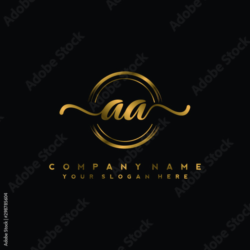 AA Initial handwriting logo design with golden brush circle. Logo for fashion,photography, wedding, beauty, business
