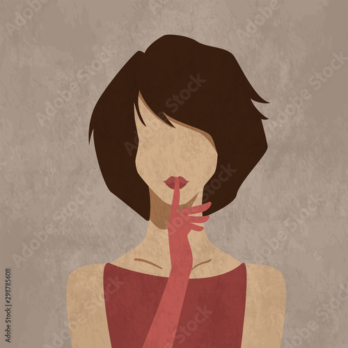 Minimalistic young girl demonstrates silence sign. Keeping secrets concept. Fashion vector illustration.