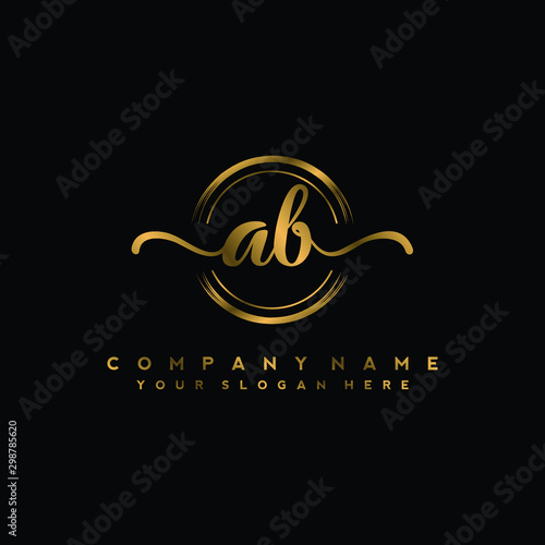AB Initial handwriting logo design with golden brush circle. Logo for fashion,photography, wedding, beauty, business