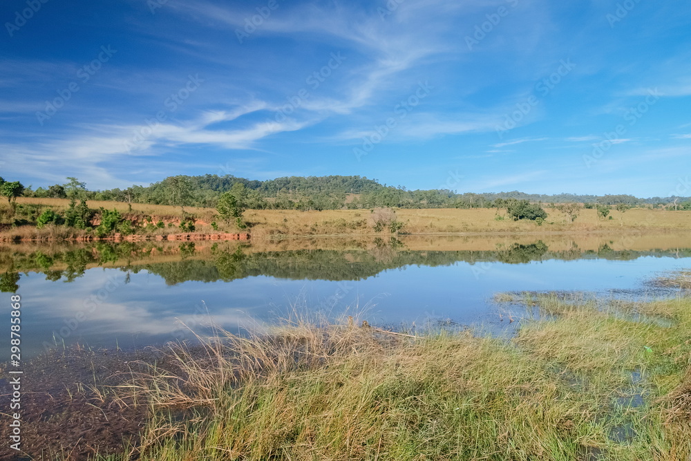 Swamp water on dry grass with reflection of the hill and cloudy in blue sky background, Thung Salang Luang, Phetchabun, Thailand.