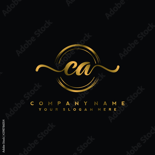 CA Initial handwriting logo design with golden brush circle. Logo for fashion,photography, wedding, beauty, business
