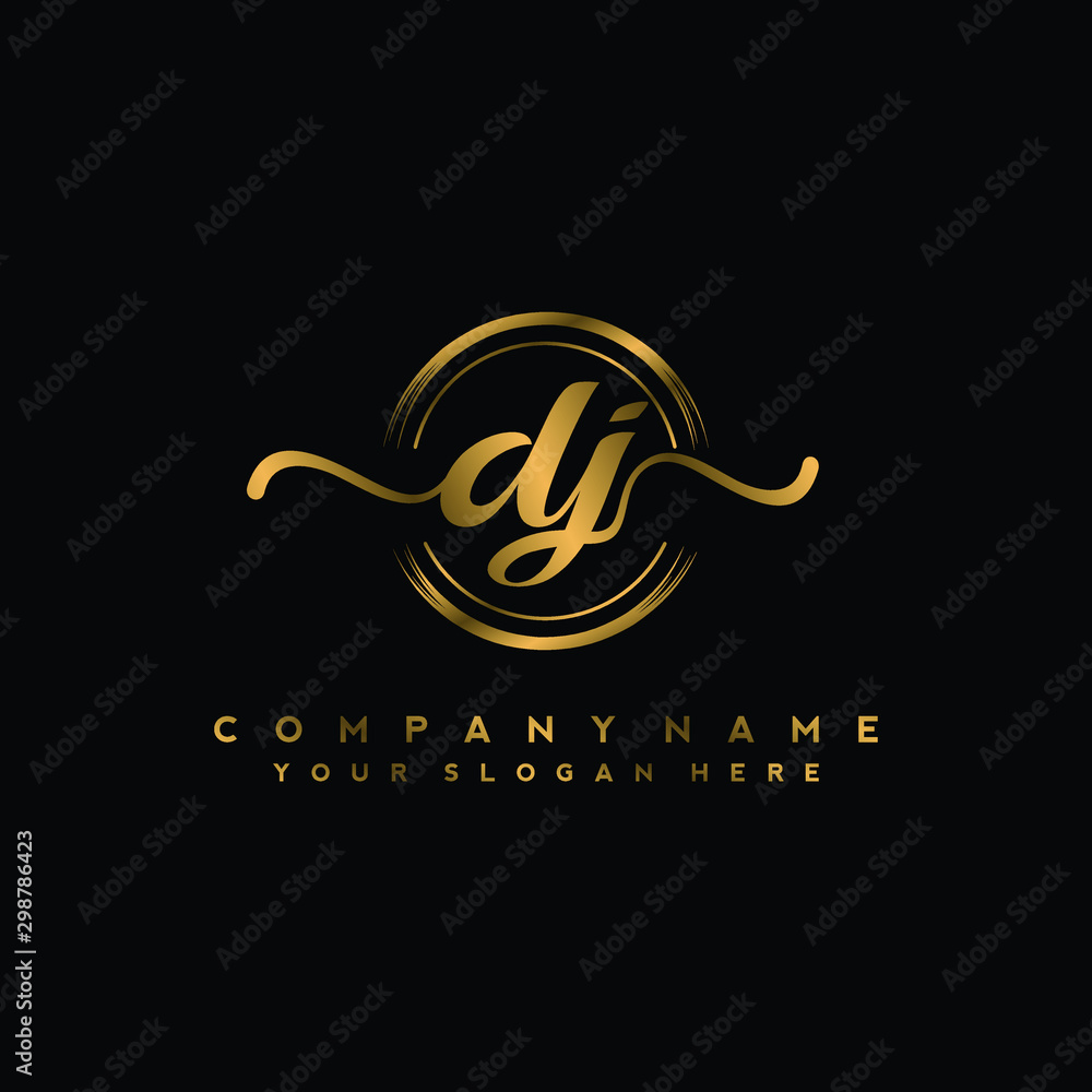 DJ Initial handwriting logo design with golden brush circle. Logo for fashion,photography, wedding, beauty, business DJ Initial handwriting logo design with golden brush circle. Logo for fashion,photography, wedding, beauty, business